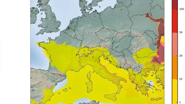 Modélisation du nuage de l’incendie de Tchernobyl, le 11 avril 2020 à 14h.